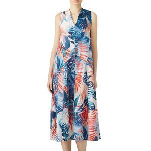 Fuzzi Leaf Print A-line Midi Dress White Blue MEDIUM Pockets Resort Italian $740